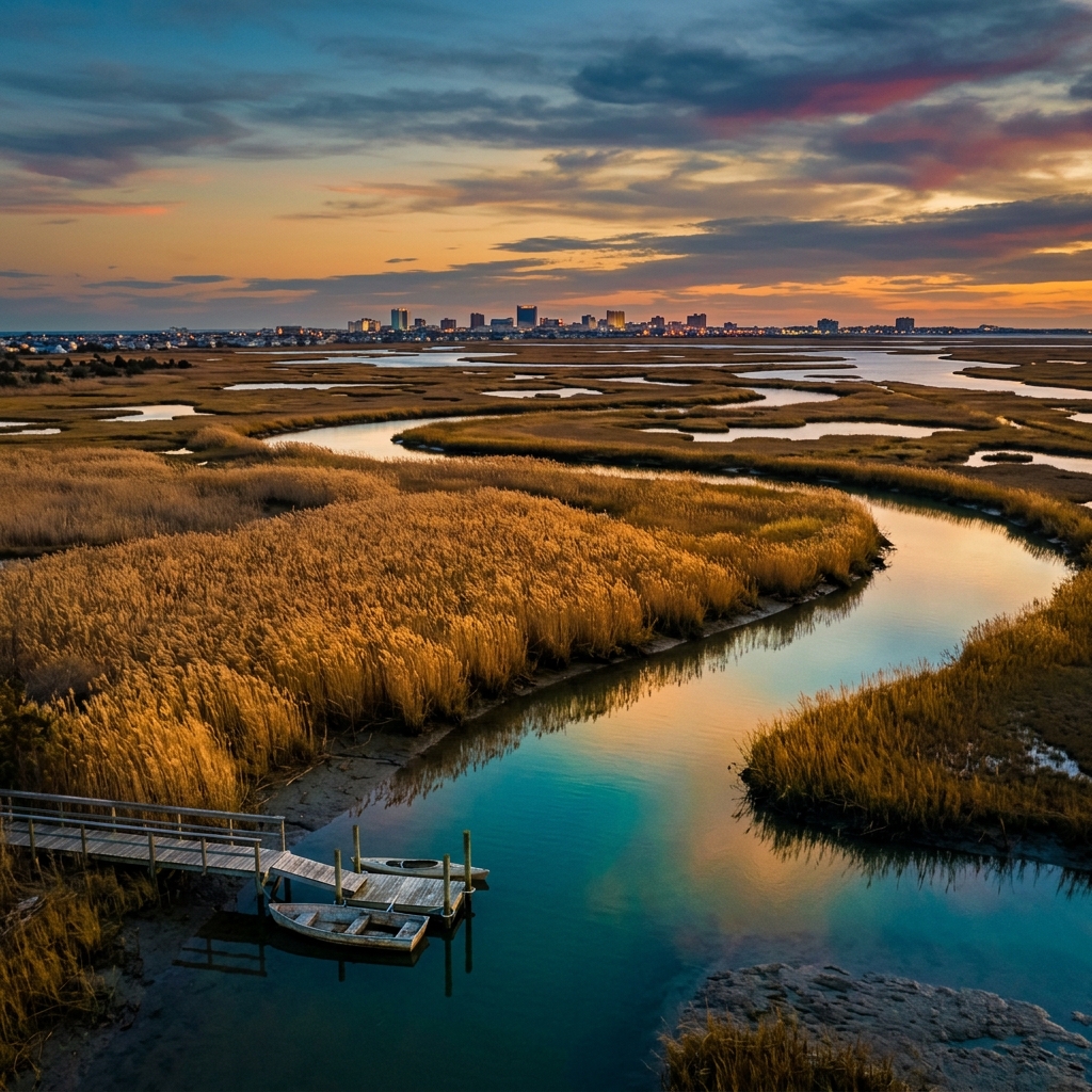 Aerial view of Absecon Island back bay marshlands at dusk with Atlantic City skyline in the distance