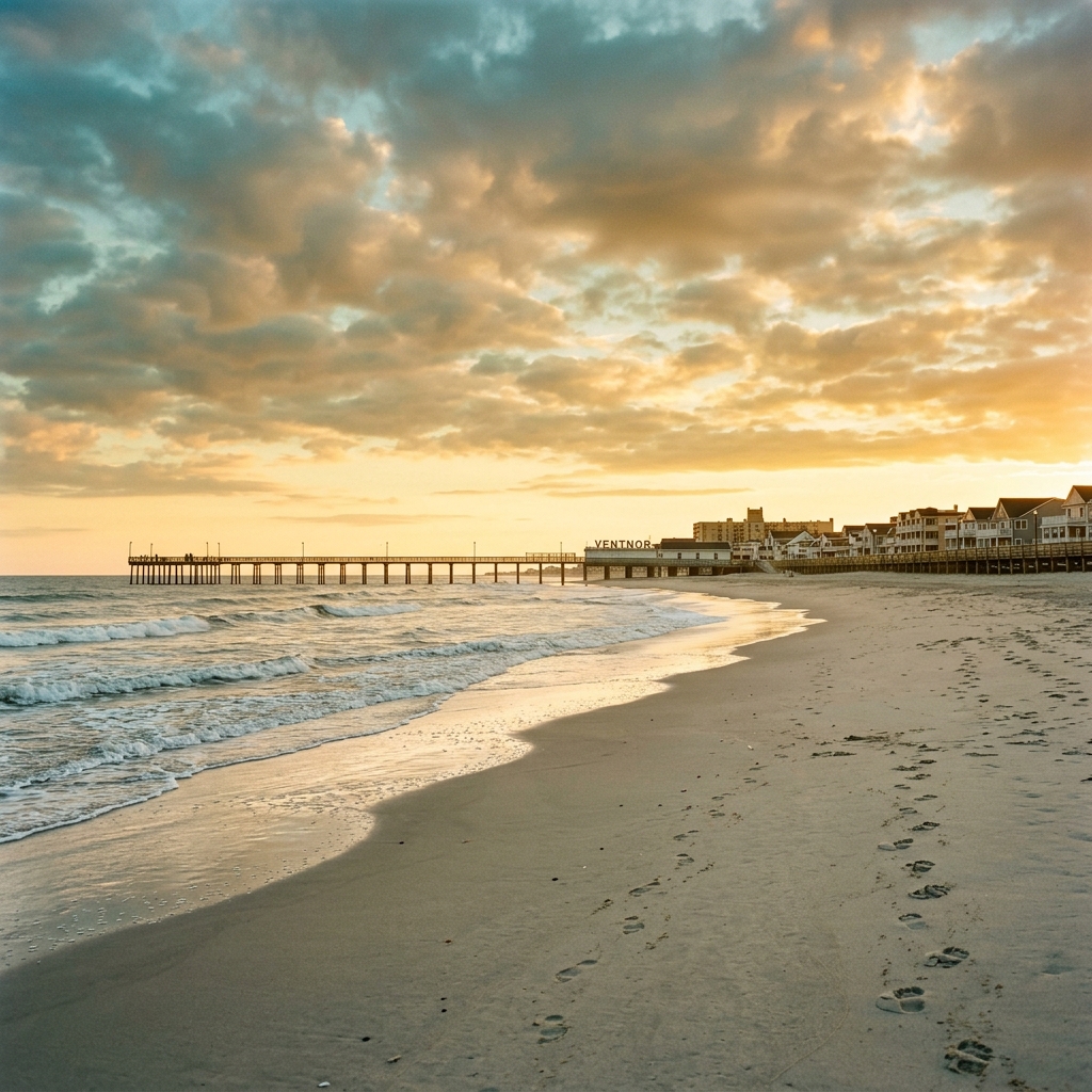 Golden morning light on Ventnor City's wide Atlantic beach with the pier in the distance