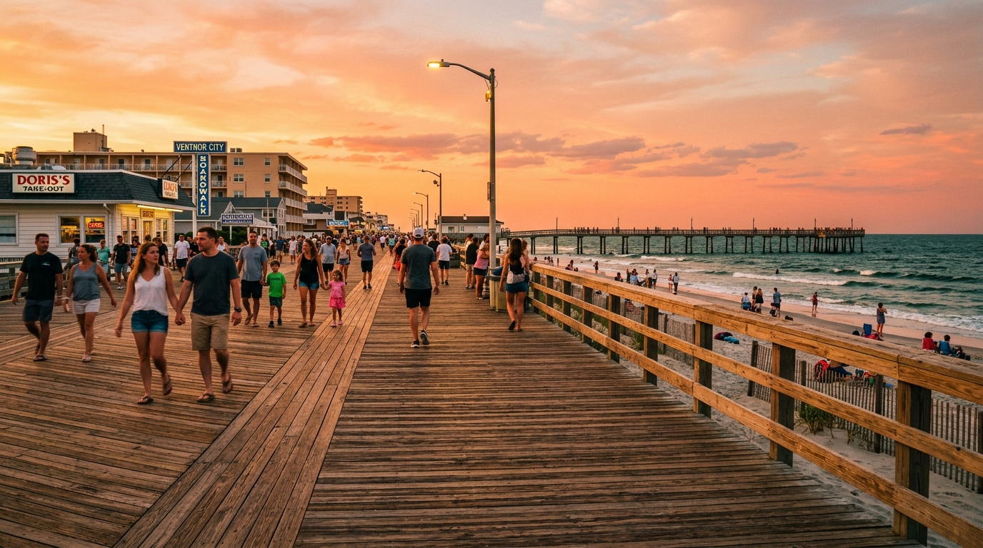 Ventnor City boardwalk at sunset with families walking and the fishing pier in the background