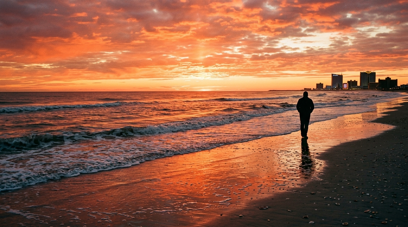 Atlantic Ocean sunrise from Ventnor City beach with a lone figure walking along the shoreline