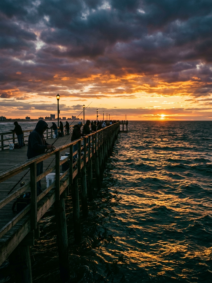 Silhouetted fishermen on the Ventnor City 1,000-foot pier at dramatic sunset over the Atlantic Ocean