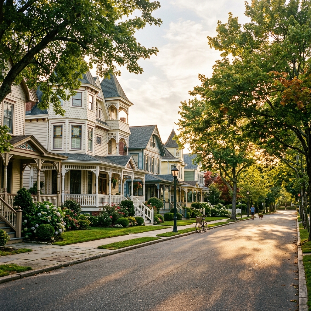 Historic Victorian shore homes on a quiet Ventnor City residential street in afternoon light