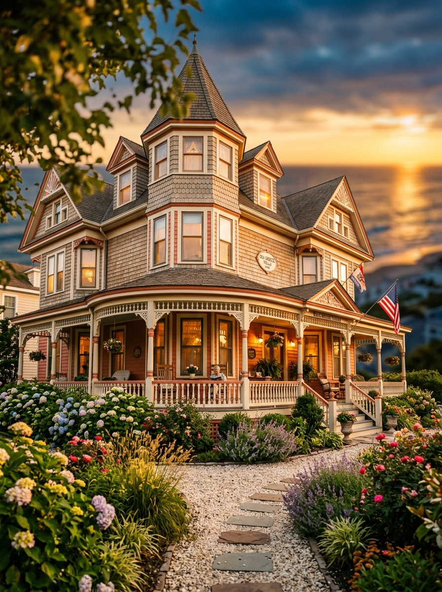 Victorian era shore home in Ventnor City New Jersey at golden hour with hydrangea garden