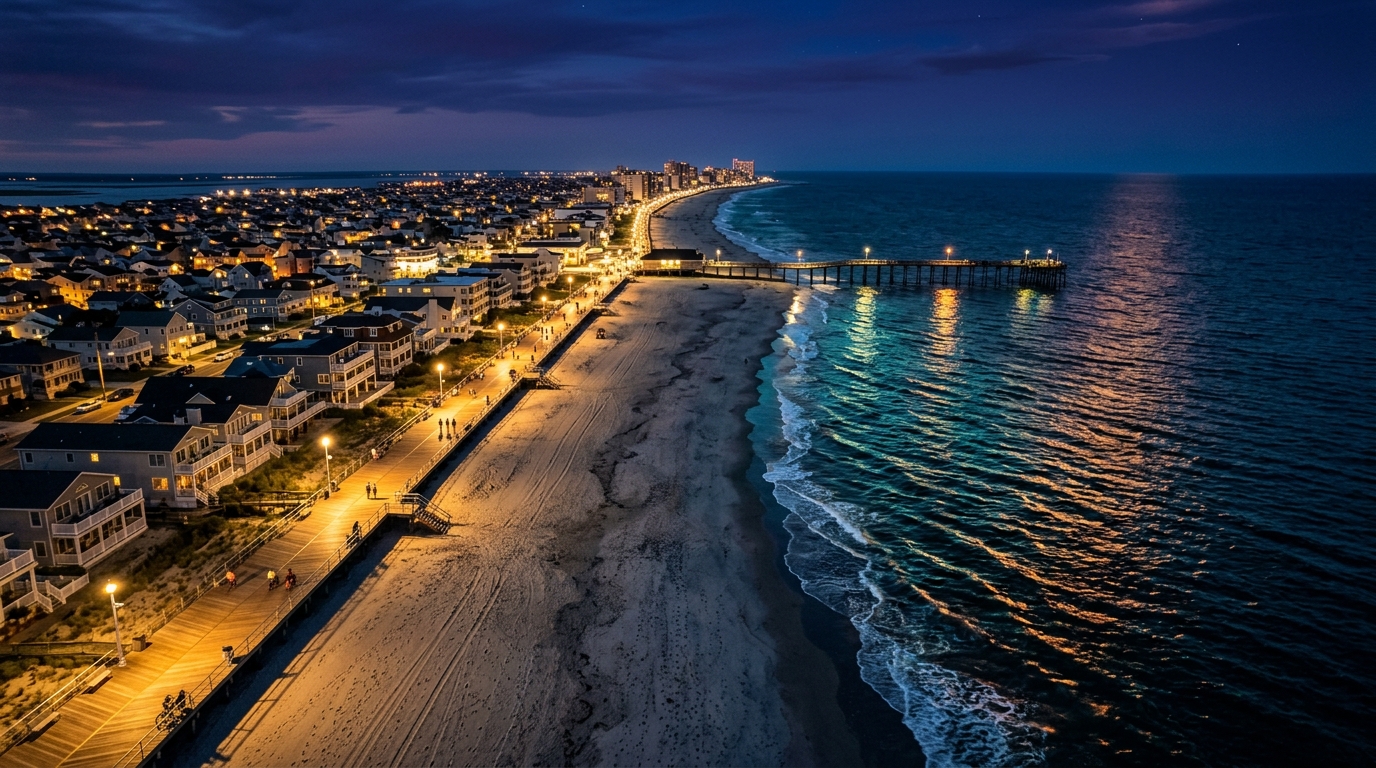Aerial view of Ventnor City boardwalk and Atlantic Ocean at night